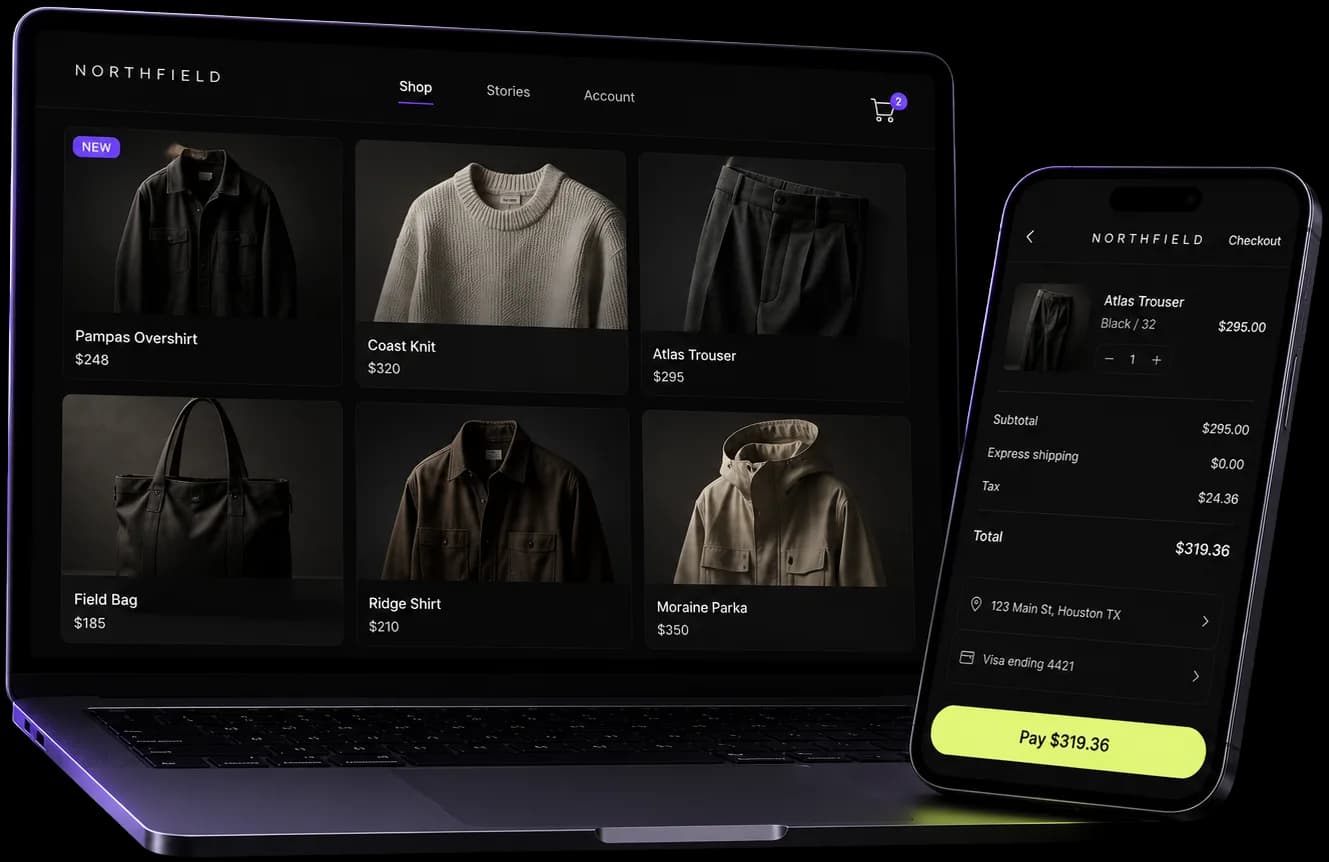 Custom e-commerce software by IrenicTech — laptop showing a premium DTC storefront with product grid, cart, and a Voltage Violet NEW badge on a single product card