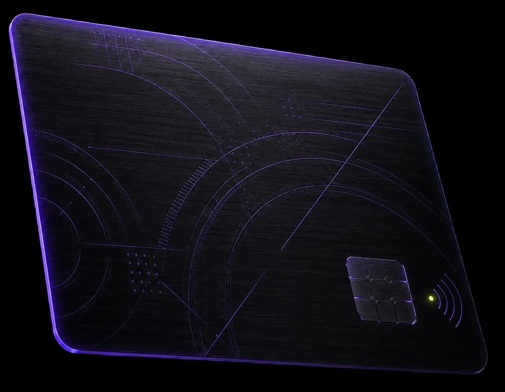 Custom fintech software by IrenicTech — premium brushed-metal credit card with violet etched pattern and Reactor-Lime contactless indicator