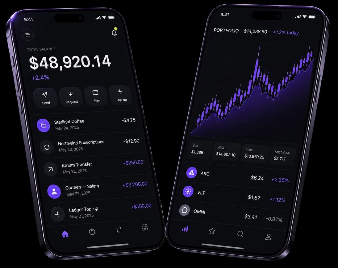 Custom fintech software by IrenicTech — dual-phone neobank mockup: balance + transactions on one screen, candle-chart markets view on the other