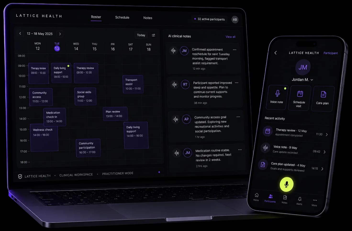 Custom healthcare software by IrenicTech — laptop showing a clinical coordinator dashboard with weekly schedule and AI clinical notes panel, plus phone showing a clinician's participant view with voice-note capture