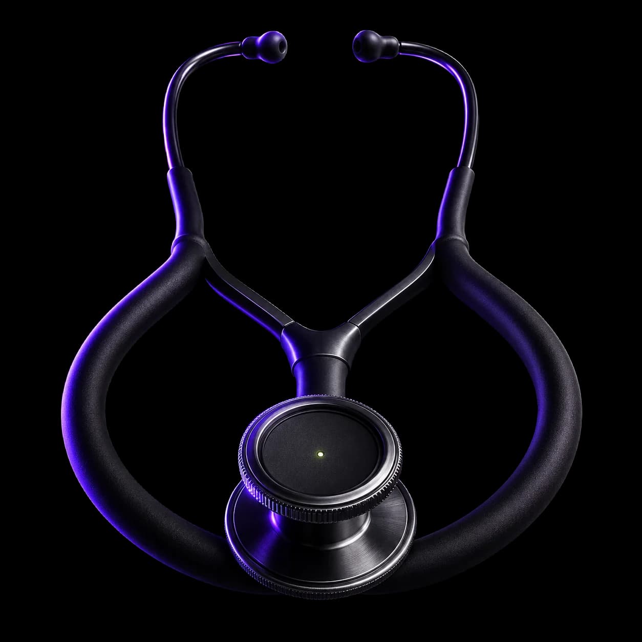 Custom healthcare software by IrenicTech — sculptural stethoscope with active AI monitoring indicator, representing AI-native clinical platforms