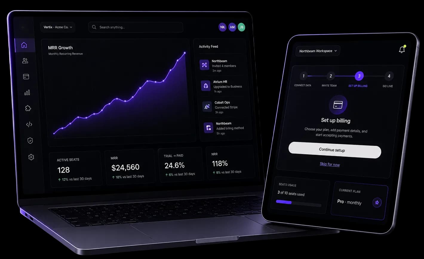 Custom SaaS software by IrenicTech — laptop showing multi-tenant admin dashboard with MRR growth chart and tablet showing customer onboarding workspace