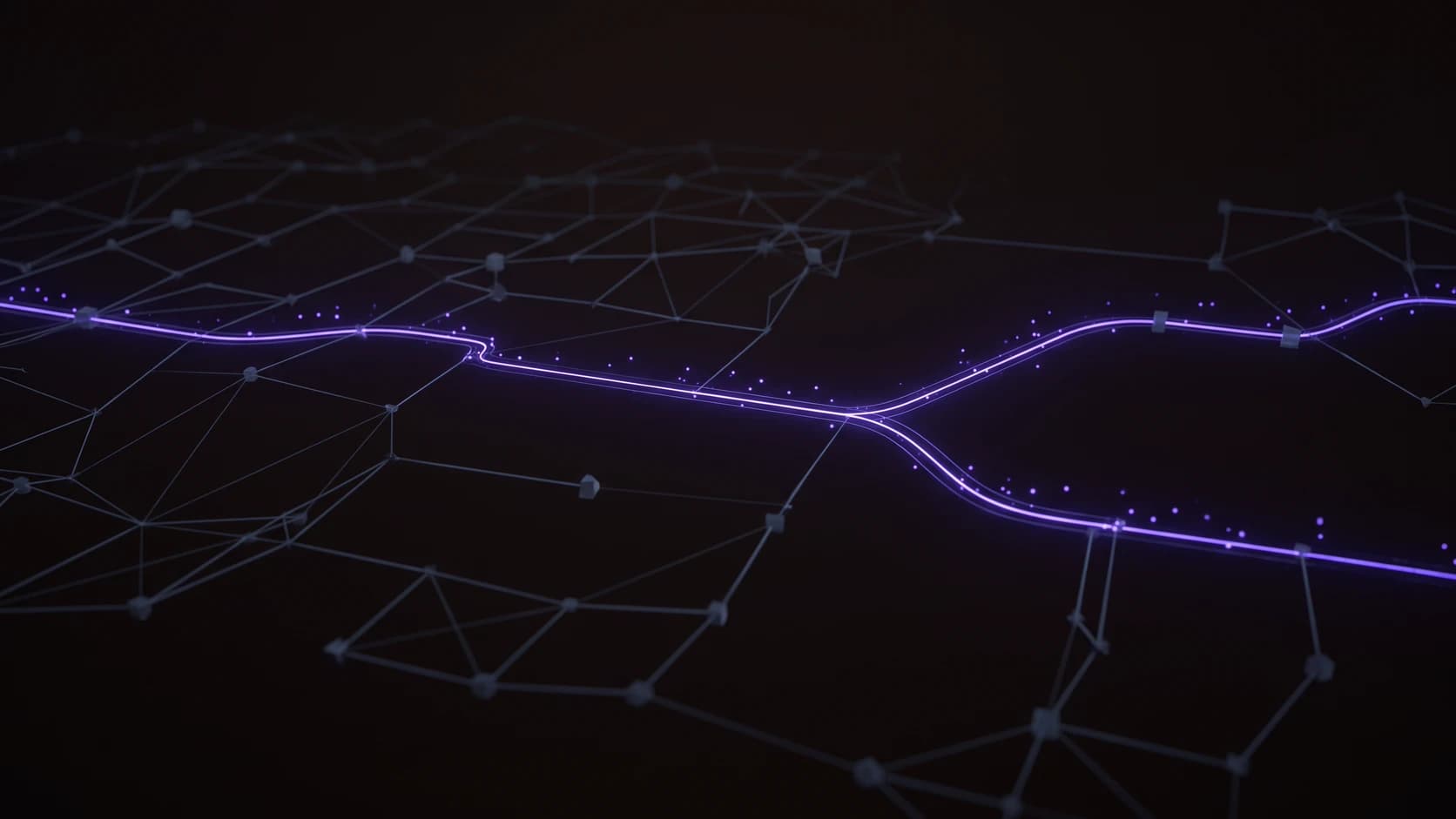 AI automation by IrenicTech: a single violet path lit through a dark network of dormant connections, branching once, representing an orchestrated workflow choosing its next step
