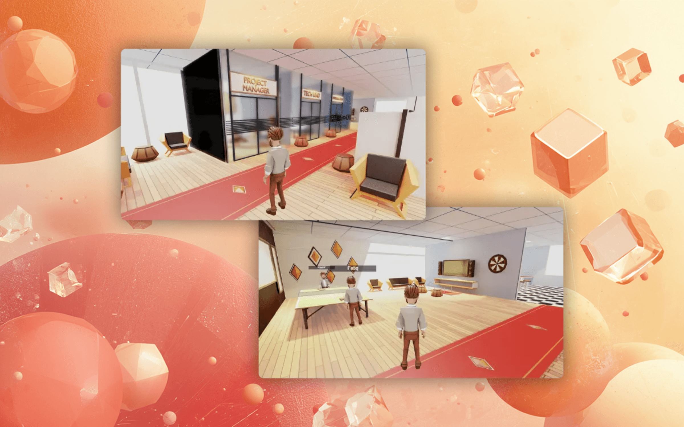 Irenicverse browser-native WebGL workplace by IrenicTech, Three.js scene with meeting rooms and team avatars