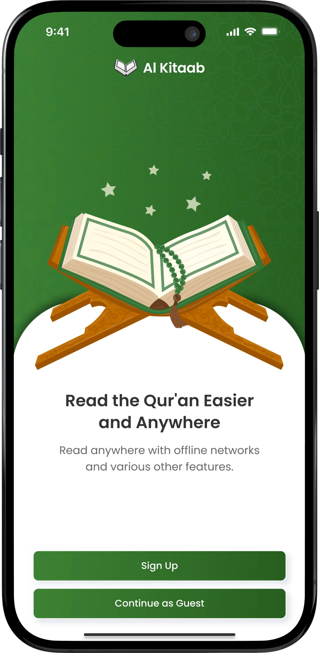 Al Kitaab Quran app: Surah recitation screen on iPhone 15 Pro
