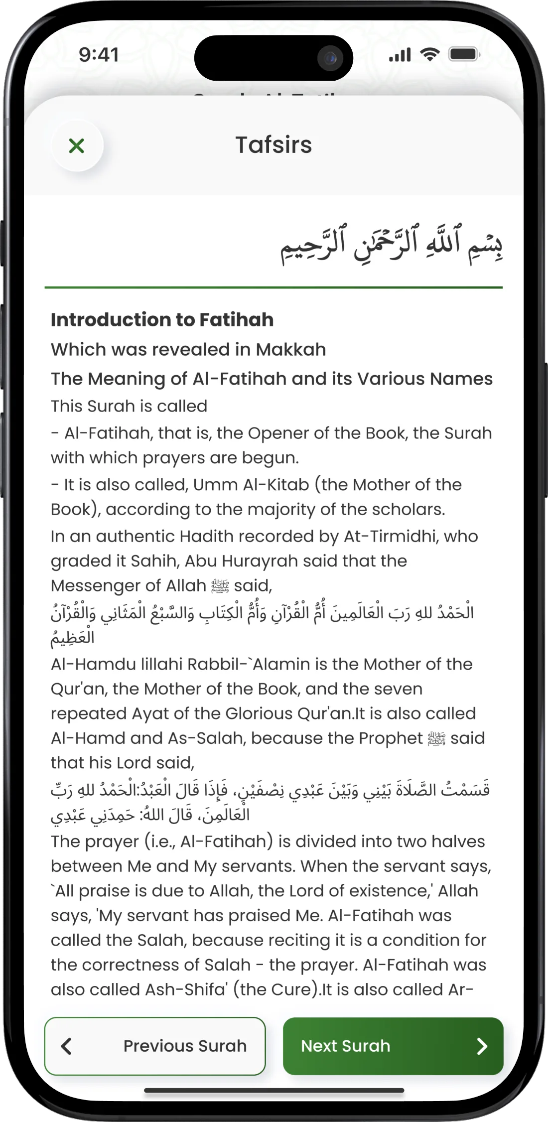 Al Kitaab Quran app: Tafsir reading view on iPhone 15 Pro