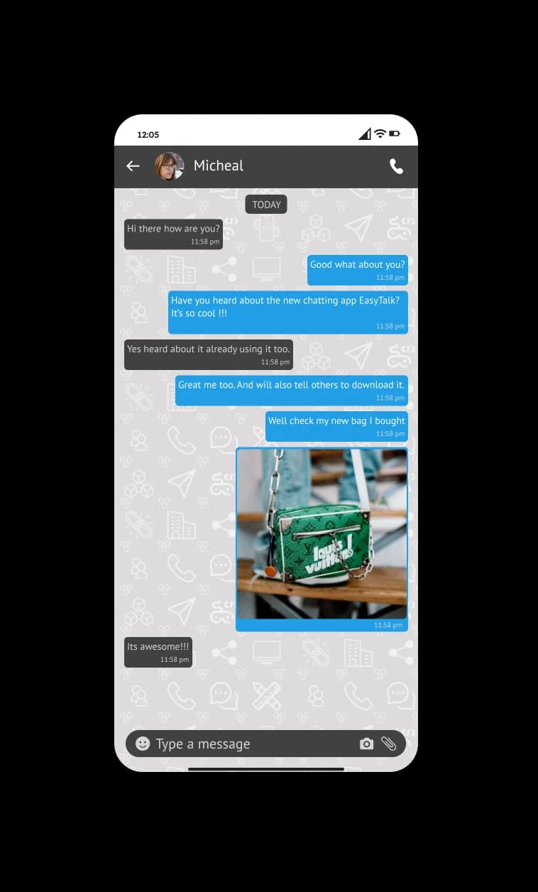 EasyTalk messaging app: one-to-one message thread with media sharing