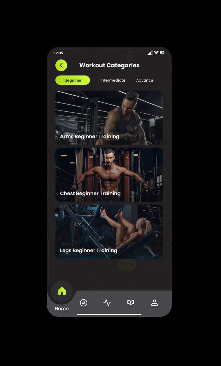 GetFitMaster fitness app: workout categories browse on iPhone
