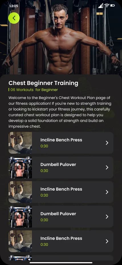 GetFitMaster fitness app: workout plan detail with trainer info