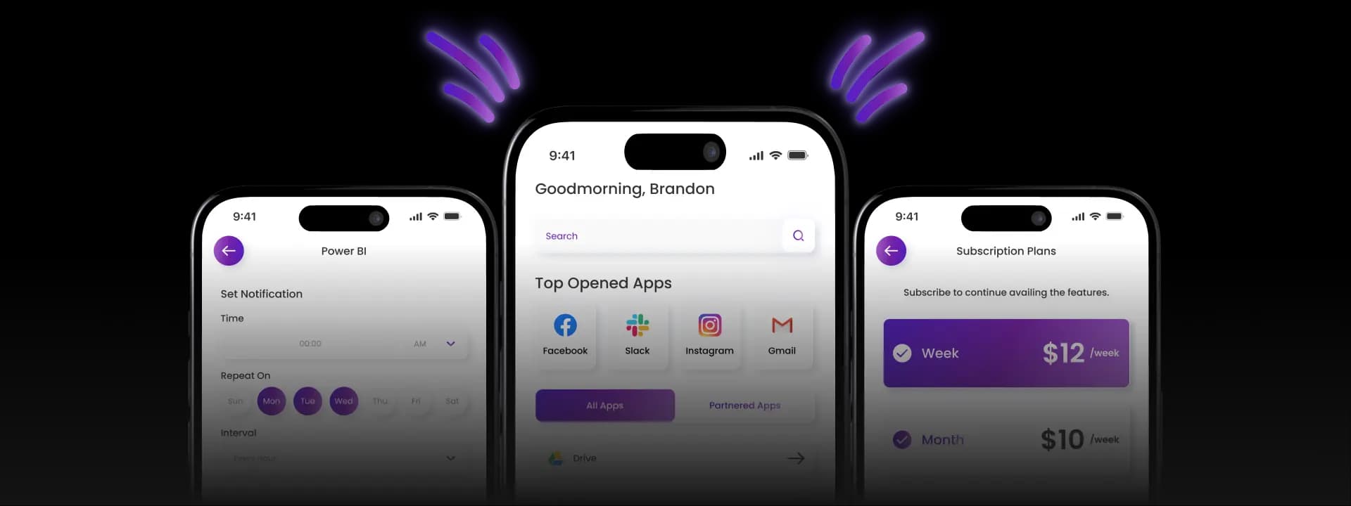 Pointify productivity app: notification scheduling and partner-app launcher screens