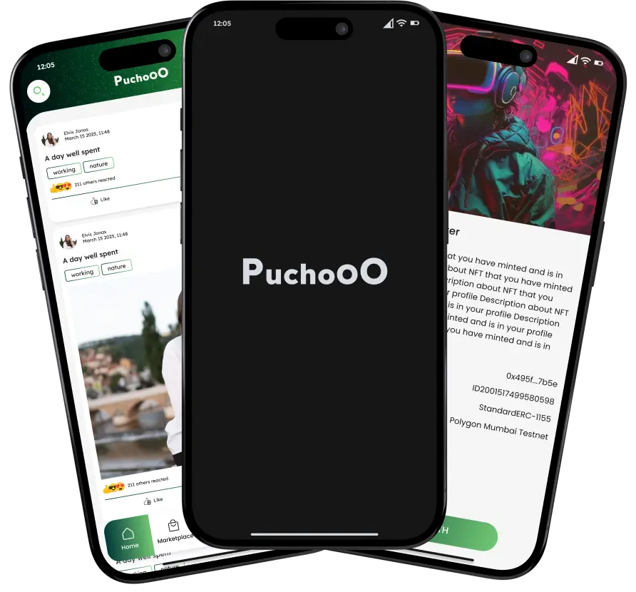 Puchooo cryptocurrency and blockchain platform: trading and portfolio screens on iPhone
