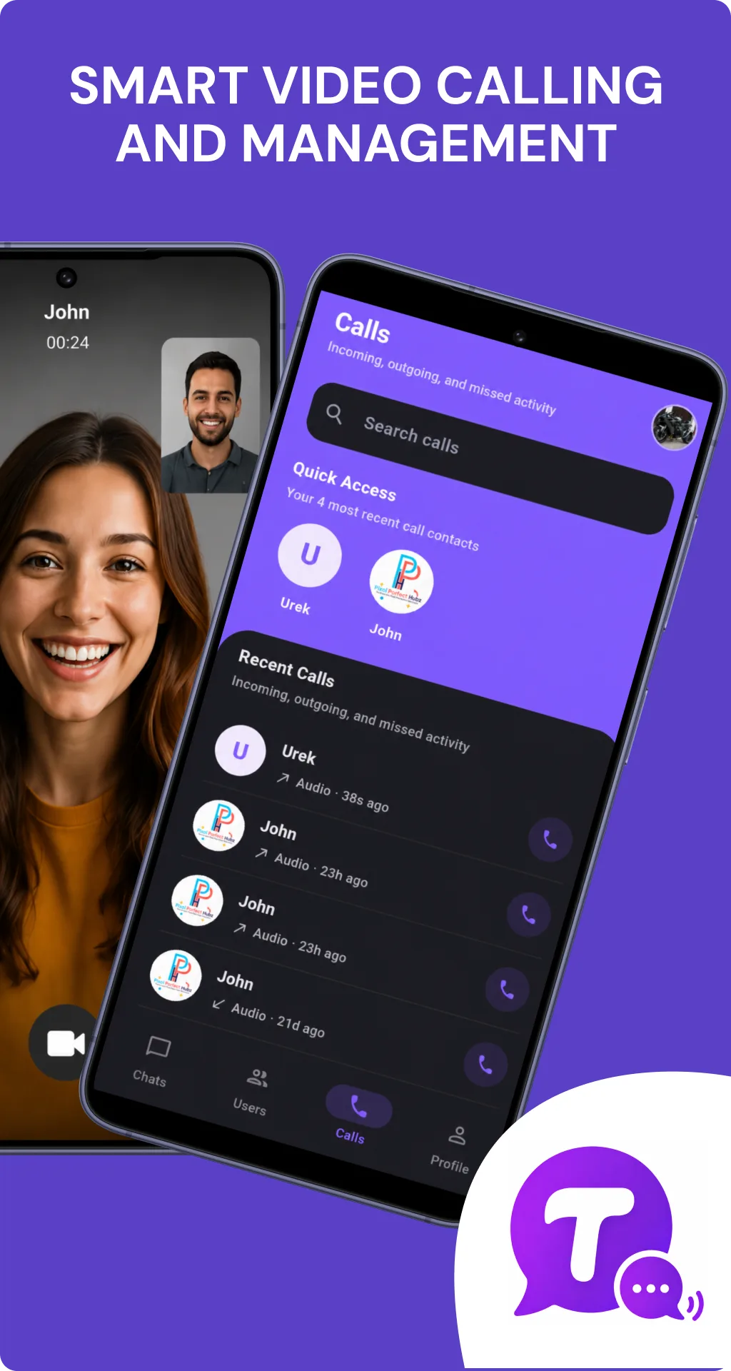Talksy messaging app: HD video call and the Calls tab with quick access and recent call activity