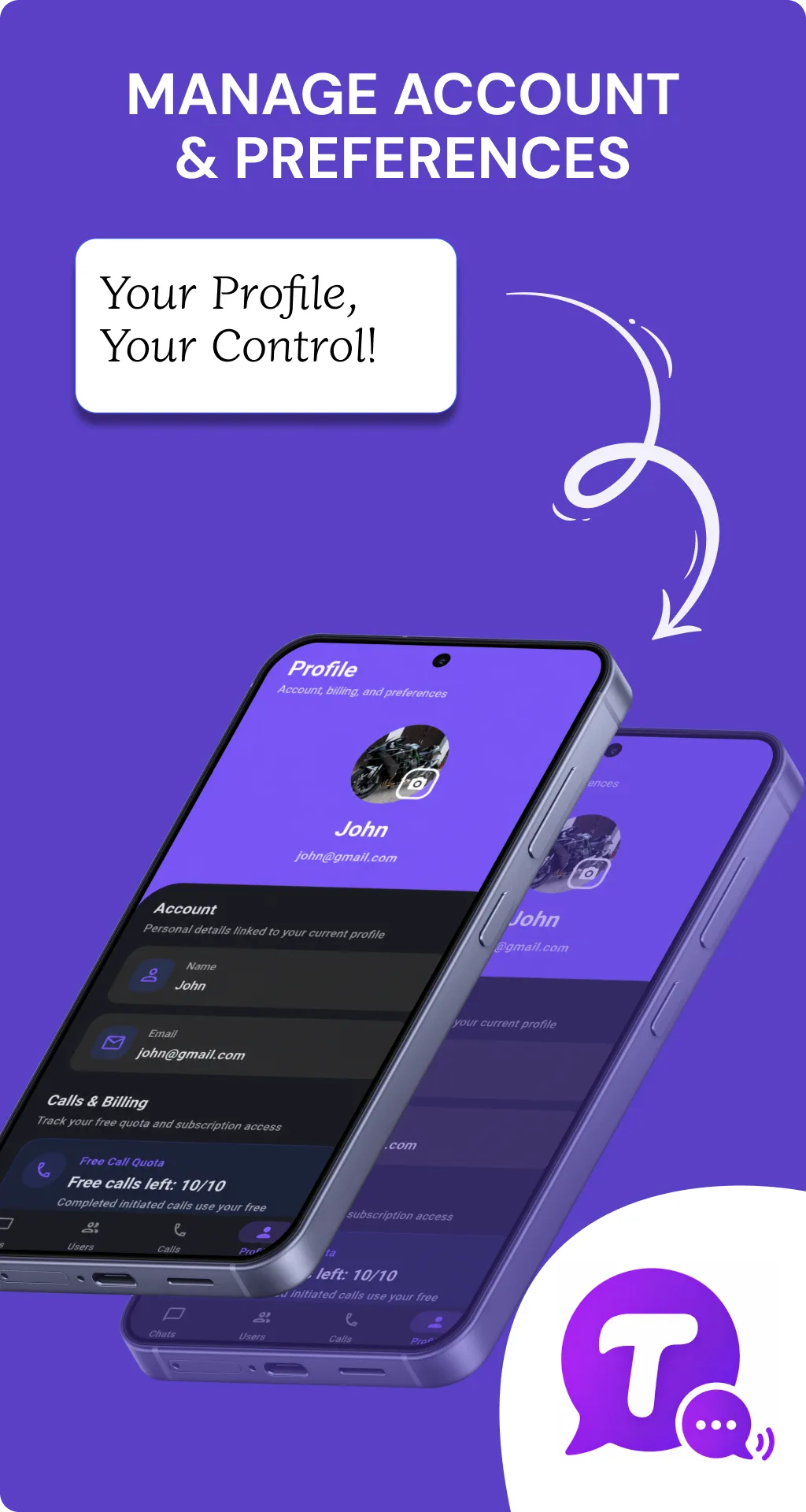 Talksy messaging app: profile screen with account details, preferences, and free-call quota