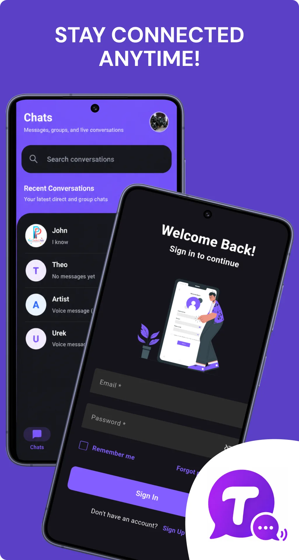 Talksy messaging app: chats list with recent direct and group conversations, and the sign-in screen